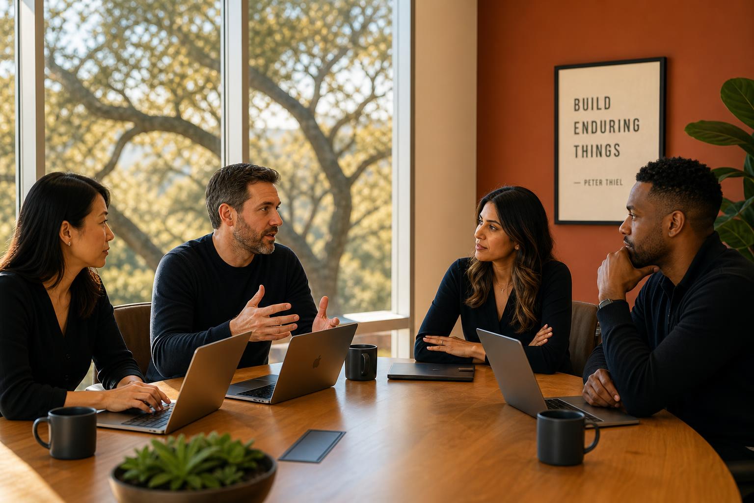CEO round table. four founders seated around a conference table in Silicon Valley